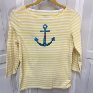 Talbots Petites Yellow & White Striped Top w/ Sequin Anchor